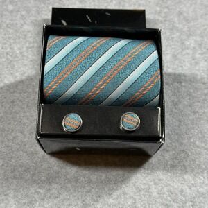 KGEAR Silk Tie Set Teal Orange Stripe w Cufflinks Pocket Square Gift Box 56x3.75